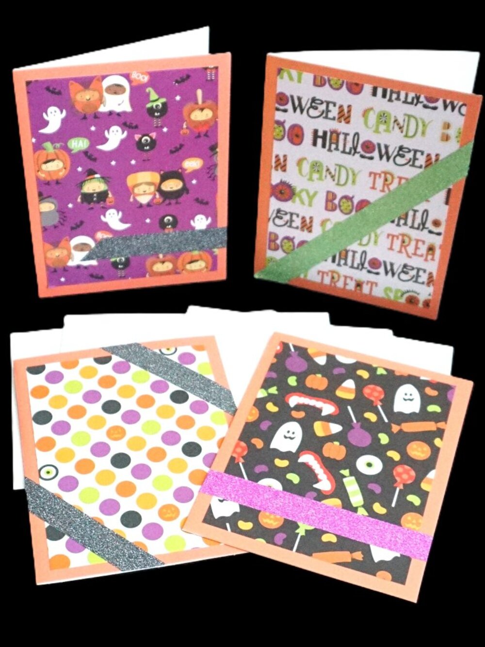 4 Halloween Handmade Note Cards 4x5 Orange Trick or Treat with Glitter Strips